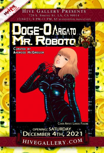 “Doge’o Arigato Mr.Roboto (Crypto and Robots)”+”Resplendent Reality (AR show)” postcard